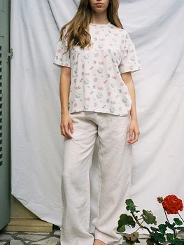 Женский y2K Комплект пижам с цветочным рисунком из 2 предметов, Негабаритная рубашка с коротким рукавом, Шорты с разрезом по Бокам, Комплект Пижам