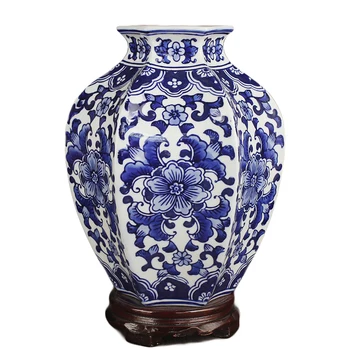 Керамика Цзиндэчжэнь классическая ручная роспись синий и белый лотос шестигранный горшок ваза цветочная посуда УКРАШЕНИЕ крыльца ОРНАМЕНТ