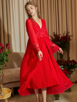 Винтажные женские комплекты халатов красного цвета, 2 предмета, с Длинным рукавом, Кружевная королевская вышивка, Сексуальное ночное белье Для Невесты, Свадебные халаты для сна
