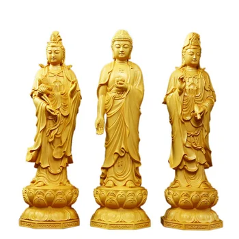 1 шт. Резьба по самшиту, статуя Будды Гуаньинь, Западная резьба по дереву Саньшэн, ремесла для домашнего декора, содержат три статуи святого Будды