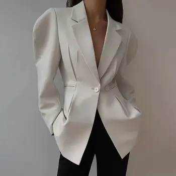 Весенний Новый Дизайн, Однотонный Блейзер для женщин с высоким уличным воротником, Белое пальто с длинным рукавом, Женская модная куртка с обтягивающей талией