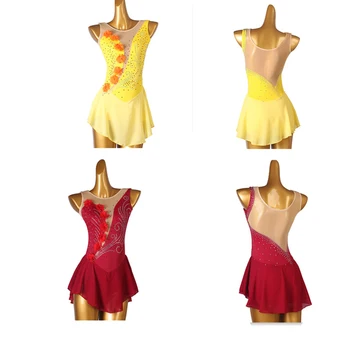 Новое красно-желтое платье для фигурного катания Женщин и девочек, Платье для катания на коньках, Гимнастический костюм на заказ, кристалл rhinestone B100