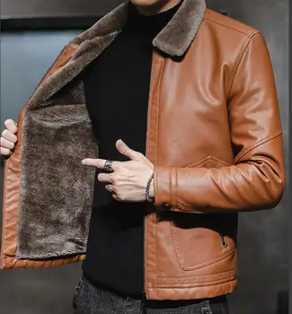 2021 Зима-осень, мужская куртка, Модный воротник из искусственного меха, ветрозащитное теплое пальто, Мужская Брендовая одежда, Мужская Новая толстая кожаная куртка