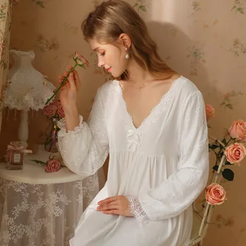 Хлопковая Ночная рубашка для женщин, Кружевное Платье-пижама для милой девушки с длинным рукавом, Длинная Домашняя одежда, Идеально подходящая для весны и осени