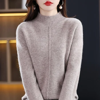 Осенне-зимний новый вязаный пуловер из чистой шерсти, женский свитер с высоким воротом, однотонный универсальный кашемировый свитер с длинным рукавом под