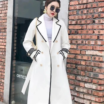 Белое шерстяное пальто выше колена, Женское пальто средней длины 2023, Осенне-зимнее Пальто в стиле Хепберн, Утолщенное Приталенное Черное Двубортное пальто Z555