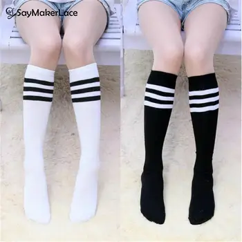 1 пара хлопковых женских носков до колена в полоску в 3 линии, Однотонные носки до колена для девочек, школьные принадлежности для болельщиц