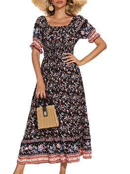 Женское летнее Длинное платье с коротким рукавом, Богемное пляжное платье с цветочным принтом, платье трапециевидной формы с запахом