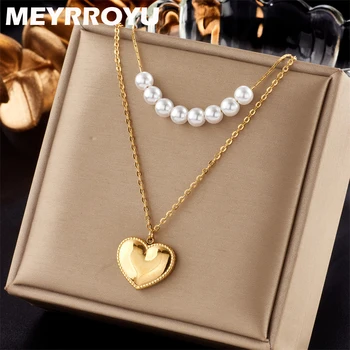 MEYRROYU 316L Нержавеющая Сталь Новый Имитирующий Жемчужное Сердце Кулон Двухслойное Ожерелье Для Женщин Вечерние Подарок Bijoux Acier Неокисляемый