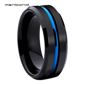 Черное синее кольцо Мужское кольцо из карбида вольфрама, обручальное кольцо 8 мм с рифленой и скошенной отделкой, комфортная посадка