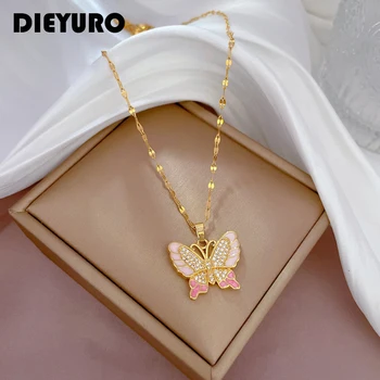 DIEYURO, Нержавеющая сталь 316L, Розовое милое ожерелье с бабочкой для женщин, Модные украшения для девочек, цепочка для ключиц, подарки на День рождения
