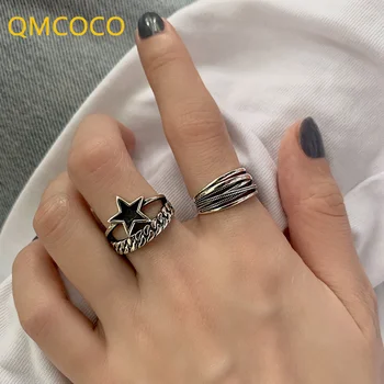 QMCOCO Корейское Простое классическое кольцо-цепочка с пятиконечной звездой, Модное Регулируемое Открытое кольцо OLpen, женские изысканные ювелирные изделия