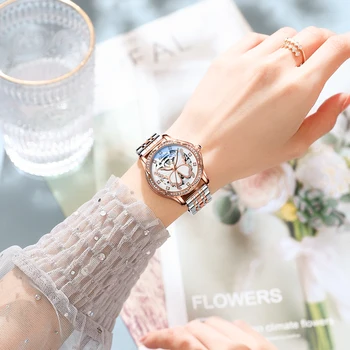 Эмма, оранжевый циферблат с бабочкой, бриллиант, новые модные часы для женщин, Водонепроницаемый светящийся ремень, автоматические механизмы, Элегантные женские часы