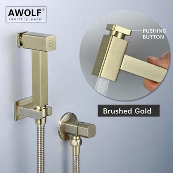 Ручной Туалет-биде Awolf из матового золота, набор Shattaf, Гигиеническая насадка для душа из цельной латуни, квадратный распылитель с нажимной кнопкой AP2204