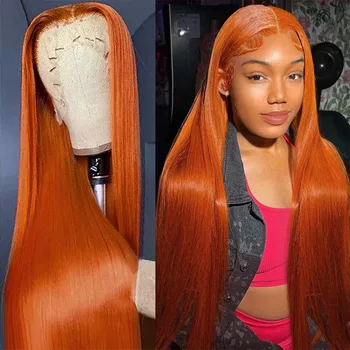 Прямой Оранжево-Имбирный Парик на кружеве, Парики из человеческих волос Для женщин, Бразильский Прозрачный 13x4 13x6 HD Парик на кружеве, Цветной парик