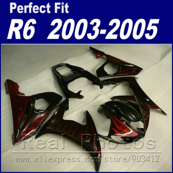 Лидер продаж, запчасти для мотоциклов YAMAHA R6, комплект обтекателей 2003 2004 2005, красное пламя черного цвета, подходящие обтекатели YZF R6 03 04 05
