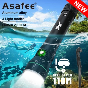 Светодиодный фонарик для дайвинга Asafee P50, сильный свет, 110 метров под водой, 3 режима 2000лм, Снаряжение для подводного плавания, 18650/26650 Батареек, Фонарик
