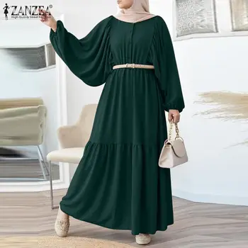 ZANZEA Элегантное мусульманское платье-рубашка С длинными Пышными рукавами Женское Повседневное Платье-Джилбаб с поясом, Негабаритный Хиджаб, Кафтан, Исламская одежда
