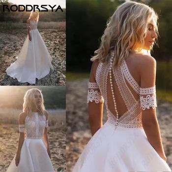 RODDRSYA атласное свадебное платье в стиле бохо для невест с открытыми плечами, кружевное свадебное платье трапециевидной формы на бретелях со съемным рукавом Vestido De Noiva