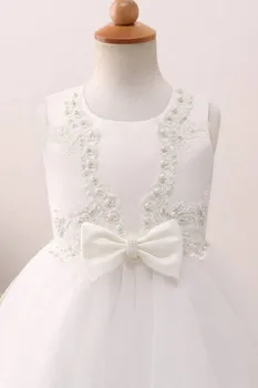 Белое платье с цветочным узором для девочек, топ с жемчугом и бантом, облегающий свадебную вечеринку, платья для Первого причастия на День рождения