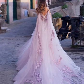 Свадебное платье в стиле Бохо 2019, светло-фиолетовые пляжные платья Невесты с 3D Цветами, Свадебные платья из слоеного тюля с открытой спиной, Длинный Шлейф Длиной до пола