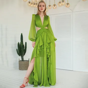 2023 Зеленые Шифоновые Простые платья для выпускного вечера с V-образным вырезом, трапециевидной формы, длиной до пола, С пышными рукавами, с вырезами, Вечерние платья для вечеринок