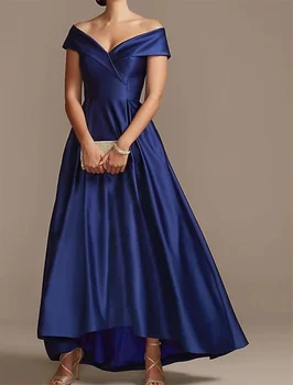 Элегантное платье для матери Невесты Трапециевидной формы с открытыми плечами, Асимметричное Атласное платье с коротким рукавом и складками 2022