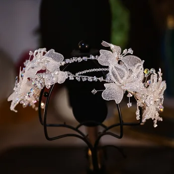 Свадебный головной убор супер фея кристалл бисерные кружевные лепестки двойная лента для волос Свадебные аксессуары для волос
