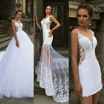 Современное короткое свадебное платье Русалки со съемным шлейфом из трех частей 3 в 1 С кружевной аппликацией, прозрачным вырезом и открытой спиной, Свадебные платья 2023