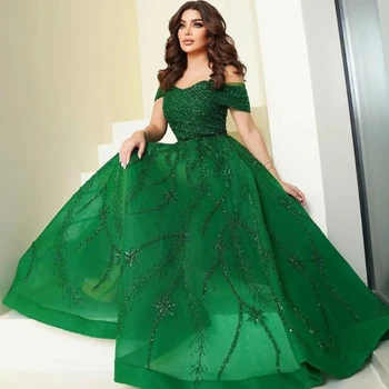 Зеленые Блестящие А-силуэтные платья с открытыми плечами, расшитые бисером, Роскошные Дубайские бусины, Хрустальные Длинные Вечерние Платья, Платья для женщин, платье для выпускного вечера