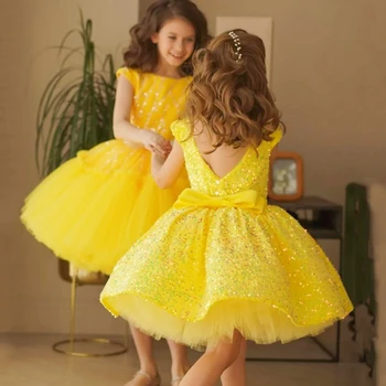 Желтое Короткое детское платье в цветочек для девочек с блестками для свадьбы, платья для Первого причастия, Церемониального платья с коротким рукавом, бального платья