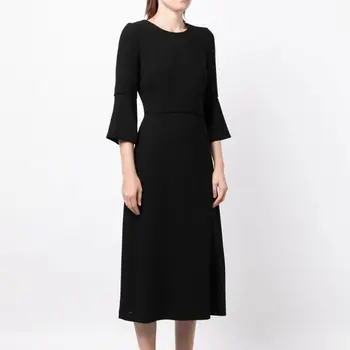 Черное однотонное женское платье с круглым вырезом, модные офисные платья OL с расклешенными рукавами 72703