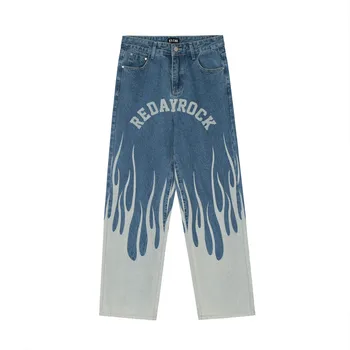 Синие джинсы в стиле хип-хоп, мужские Свободные прямые джинсы, Модный бренд Ins, широкие брюки для папы с огненным принтом, Бандитские красивые брюки-кольчуги