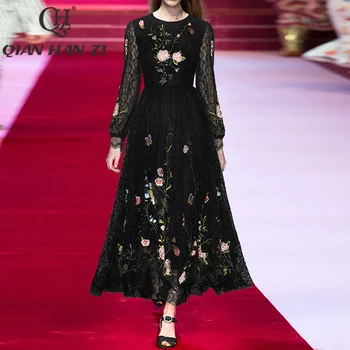QHZ Дизайнерское Модное кружевное длинное платье с рукавами-фонариками, винтажное черное вечернее тонкое платье Макси с цветочной вышивкой и пайетками