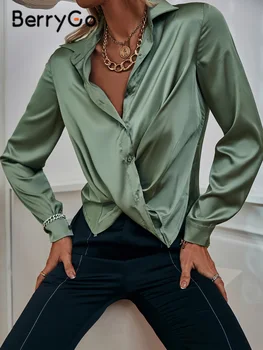 BerryGo 2022 Весенняя атласная шелковая рубашка зеленого цвета, женская тонкая блузка, Элегантные блузки с запахом с длинным рукавом, модная однотонная атласная блузка, новый топ