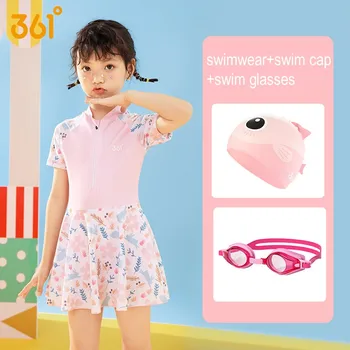 361 ° Цельный Профессиональный водонепроницаемый купальник для девочек, Пляжные очки, кепка для серфинга, детские юбки с защитой от сыпи на молнии спереди, защитные очки