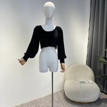 Винтажная блузка Женская на шнуровке сзади, украшенная бисером, хрустальная пуговица, однотонные черные, белые Модные топы для женщин, новинка 2022, осень-зима