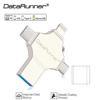 DataRunner USB 3.0 Флэш-накопитель для iPhone и Type-C Memory Stick 32 ГБ 64 ГБ 128 ГБ 256 ГБ 4-В-1 флешка для iOS/Type C/ Android/ПК