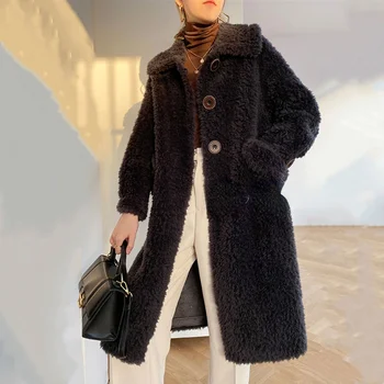 Женские меховые пальто из натуральной шерсти, зимняя куртка, женское пальто с водонепроницаемым отложным воротником, женская длинная верхняя одежда с подкладкой из натурального меха Q233