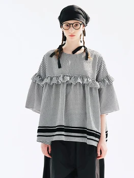 imakokoni Оригинальная летняя винтажная клетчатая рубашка в стиле пэчворк, свободный топ с круглым вырезом, повседневная женская одежда 234110