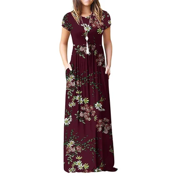 Летнее Плиссированное платье с коротким рукавом в стиле ампир, круглый вырез, Макси, Длинные карманы с Цветочным Рисунком, платье