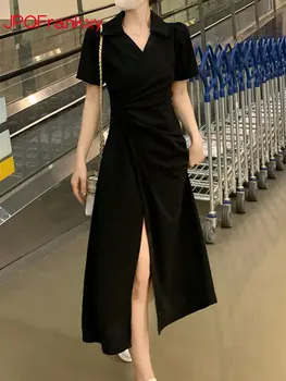 Платье Женское с неправильным разрезом, с коротким рукавом и V-образным вырезом, Женское Летнее Длинное платье в стиле Хепберн, Летняя одежда для женщин