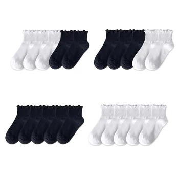 5 пар Женских Черно-белых летних Хлопчатобумажных носков до щиколотки для девочек с оборками