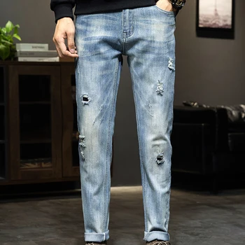 рваный деним, выстиранные джинсы, новые европейские и американские облегающие джинсы с нашивками для улицы, мужские прямые брюки для Хай-стрит