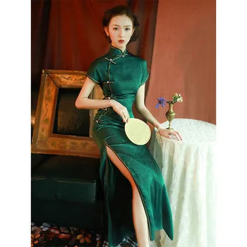Yourqipao Улучшенное Зеленое Тонкое Платье Cheongsam с высоким разрезом, Женское Традиционное Вечернее Платье в Китайском Стиле Старого Шанхая для повседневной жизни