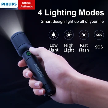 Фонарик Philips с оптическим зумом, ультраяркие портативные фонари USB-C, перезаряжаемая походная лампа для помещений и улицы