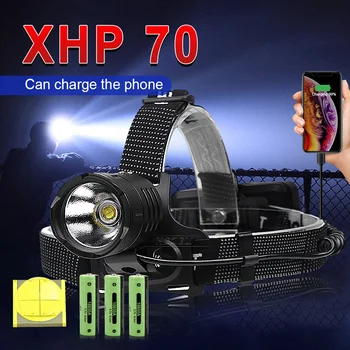 Мощный налобный фонарь XHP70, светодиодный яркий головной фонарик, Водонепроницаемый, для Кемпинга, Перезаряжаемый для работы, для рыбалки, Налобный фонарь