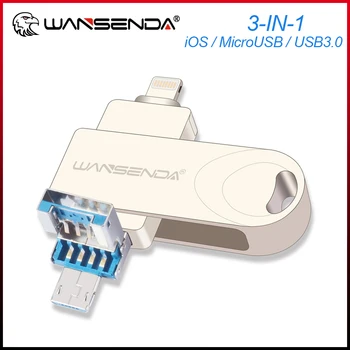 WANSENDA OTG 3 В 1 USB 3,0 Флэш-накопитель и iOS и microUSB флешка 128 ГБ 64 ГБ 32 ГБ 16 ГБ Флэш-диск для iPhone/iPad/Android/ПК